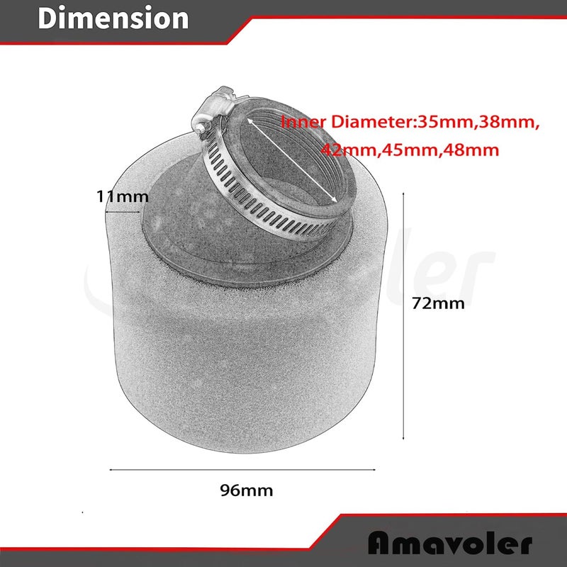 amavoler Bent Foam Air Filter 35mm 38mm 42mm 45mm 48mm Red Aftermarket Replacement Parts Fit for 50cc 70cc 90cc 110cc 125cc 150cc GY6 Motorcycle Atv Scooter Quad Go Kart Moped Pit Dirt Bike. (45mm) - Image 3